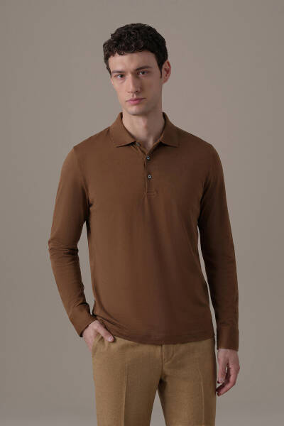 Merserize Pamuk Tütün Rengi Uzun Kollu Polo T-Shirt - Hemington