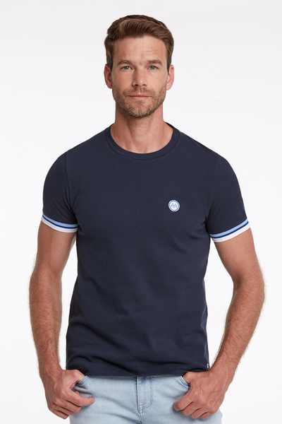 Nakış Logolu Pike Örgü Bisiklet Yaka Lacivert T-Shirt