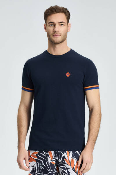 Nakış Logolu Pike Örgü Lacivert Bisiklet Yaka T-Shirt