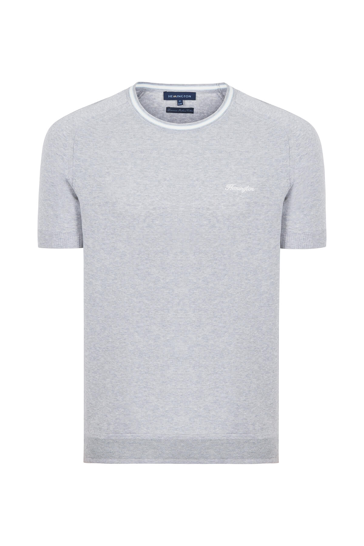 Nakış Logolu Yaka Detaylı Açık Gri Triko T-Shirt