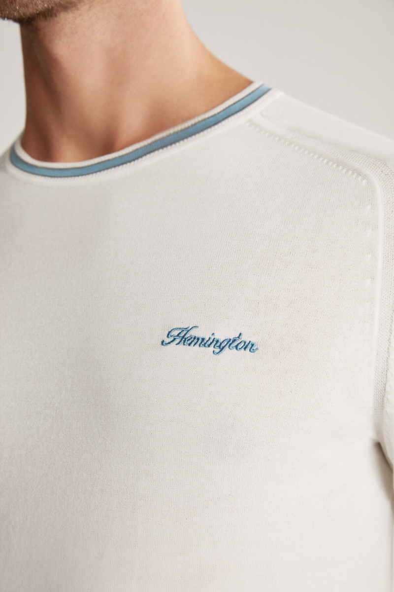 Hemington Nakış Logolu Yaka Detaylı Beyaz Triko T-Shirt. 6