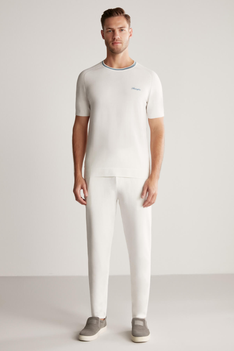 Hemington Nakış Logolu Yaka Detaylı Beyaz Triko T-Shirt. 2