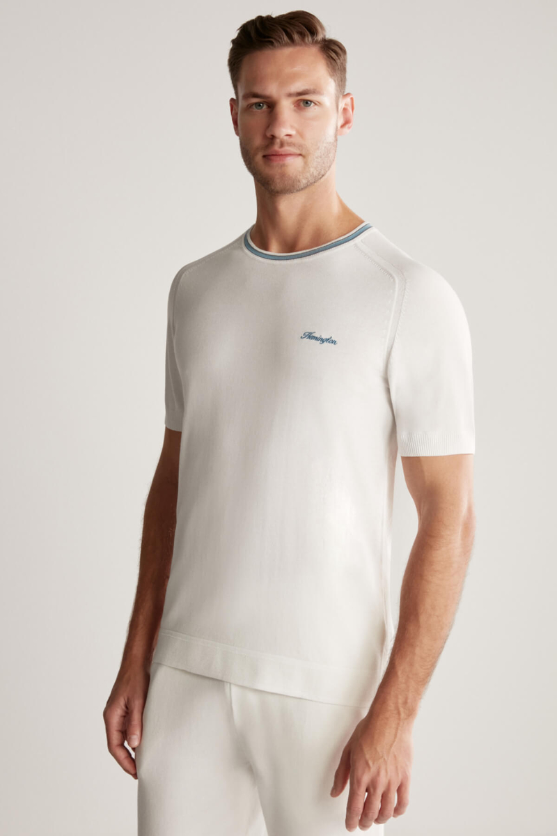 Hemington Nakış Logolu Yaka Detaylı Beyaz Triko T-Shirt. 4