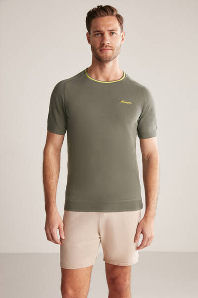 Nakış Logolu Yaka Detaylı Haki Triko T-Shirt - Hemington