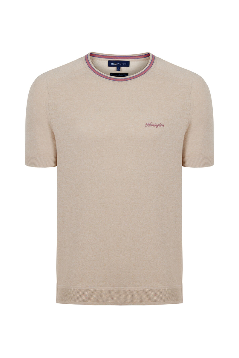 Hemington Nakış Logolu Yaka Detaylı Krem Rengi Triko T-Shirt. 7