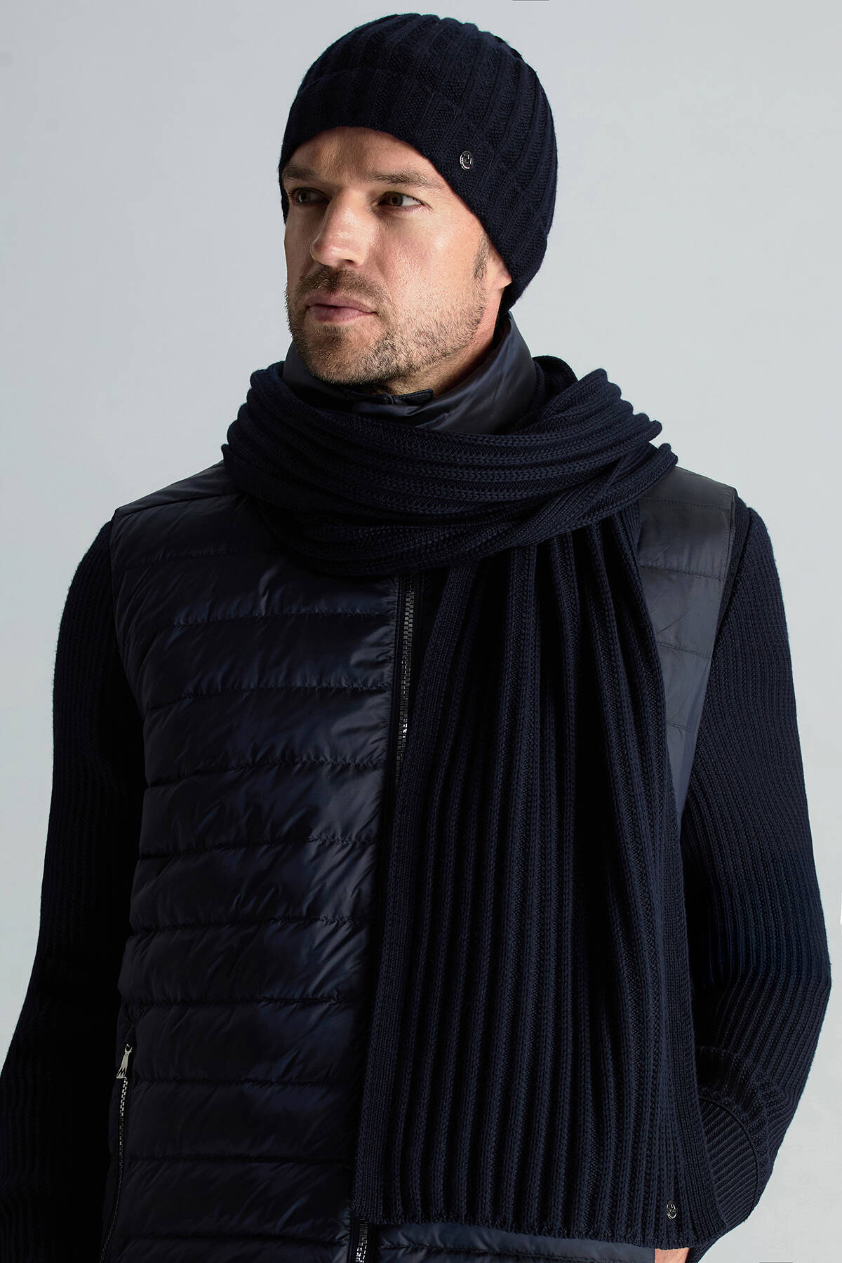 Örgü Desenli Merino Yün Lacivert Atkı