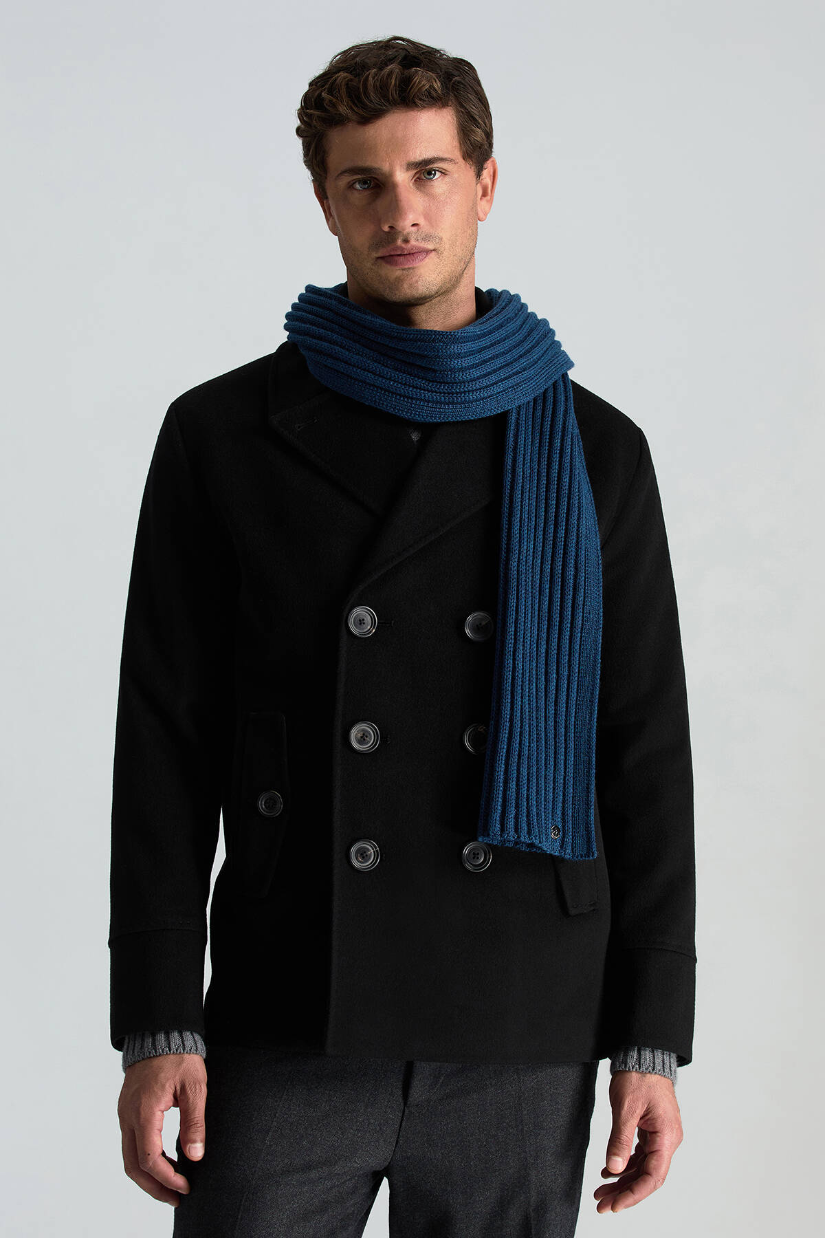 Örgü Desenli Merino Yün Mavi Atkı