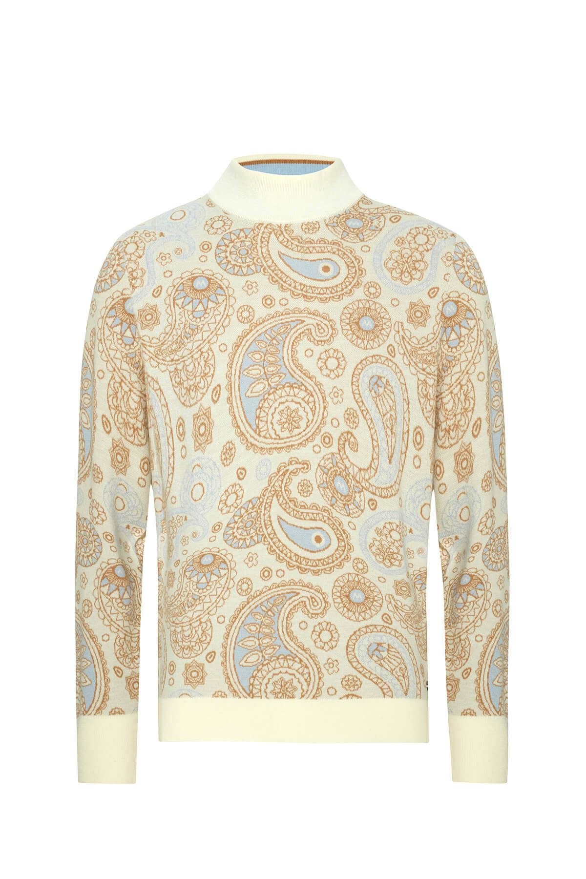Paisley Desen Extrafine Merino Lupetto Yaka Ekru Triko