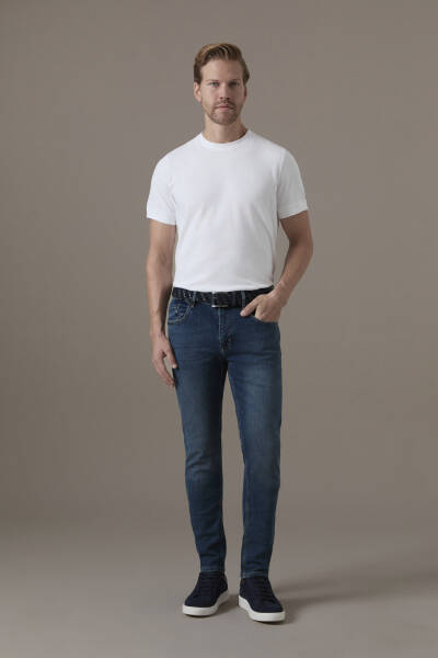 Pamuk Karışım Slim Fit Lacivert Taşlanmış Denim Pantolon - Hemington