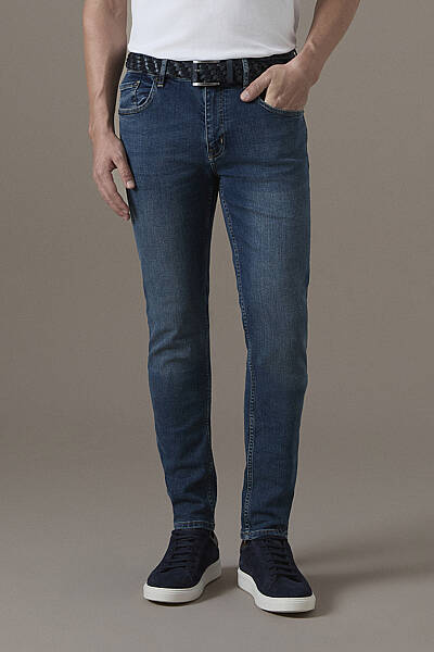 Pamuk Karışım Slim Fit Lacivert Taşlanmış Denim Pantolon - Hemington