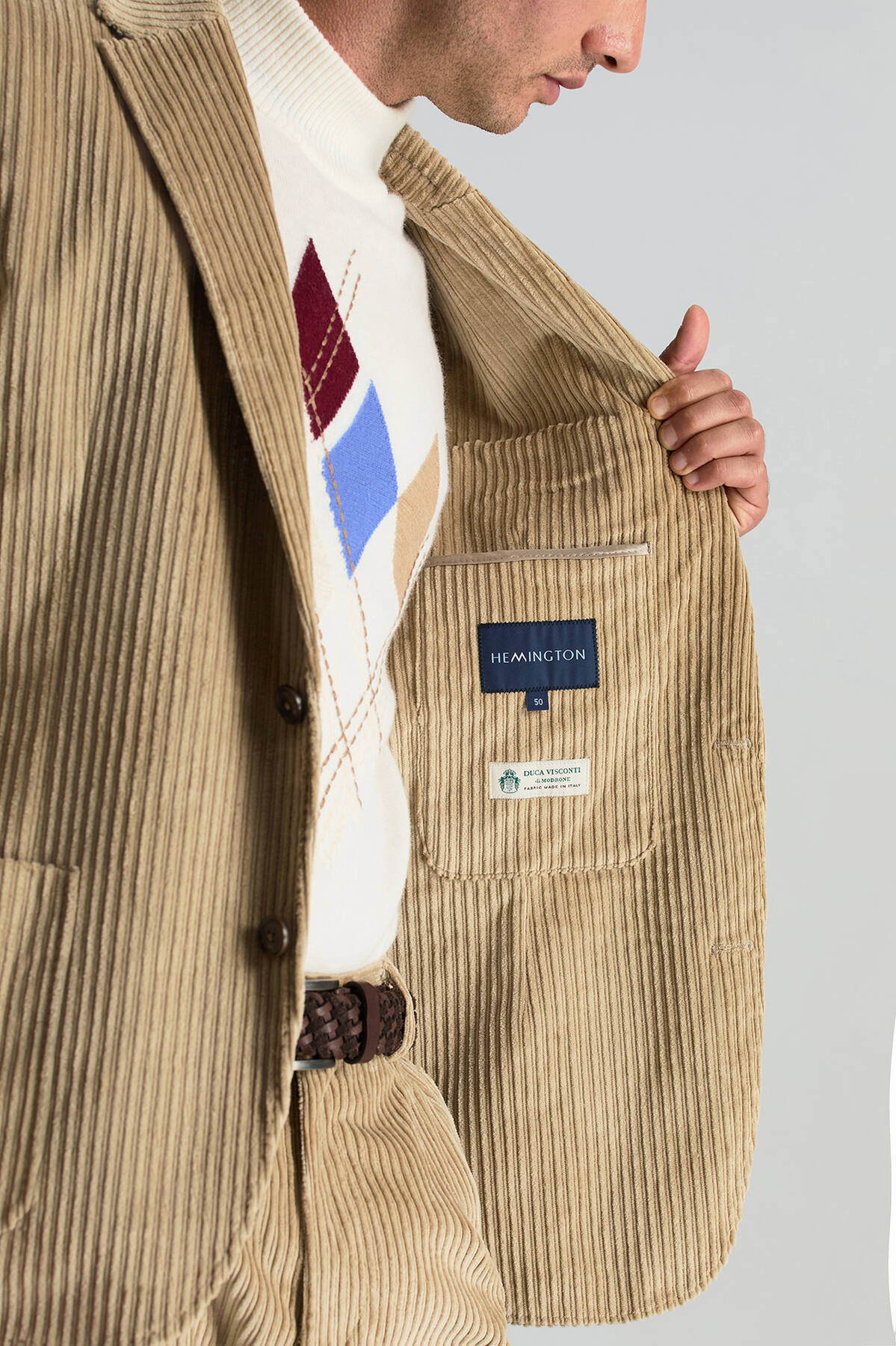 Pamuk Karışımlı Çizgi Desen Camel Kadife Blazer Ceket