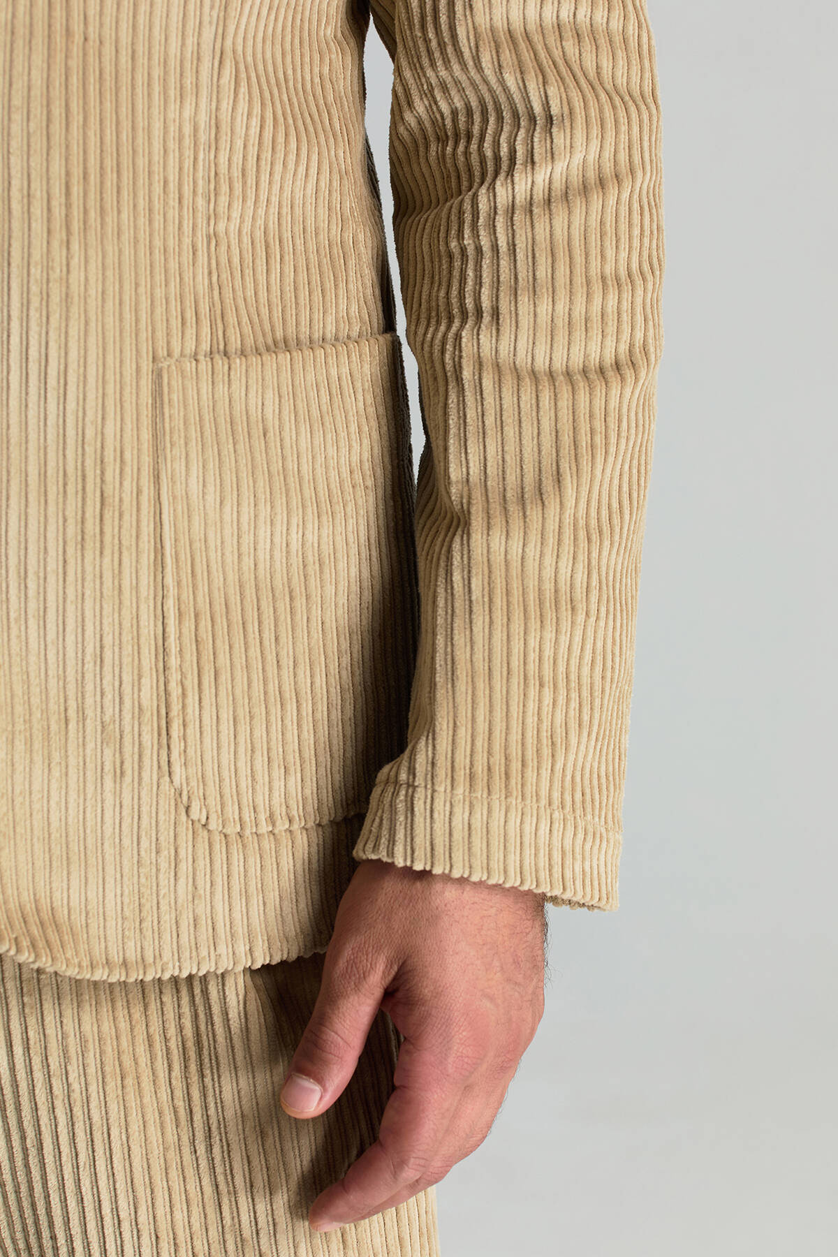 Pamuk Karışımlı Çizgi Desen Camel Kadife Blazer Ceket