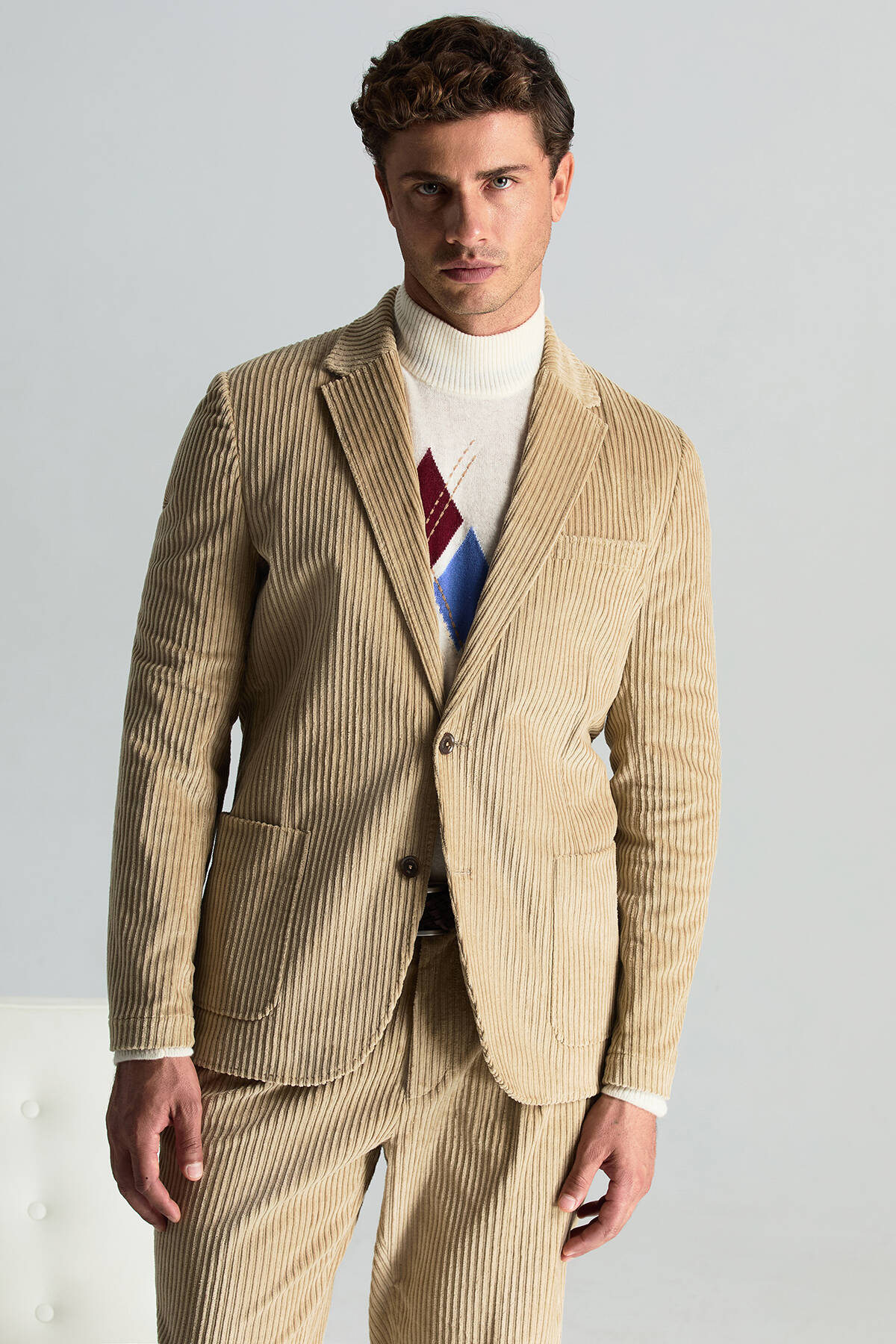 Pamuk Karışımlı Çizgi Desen Camel Kadife Blazer Ceket