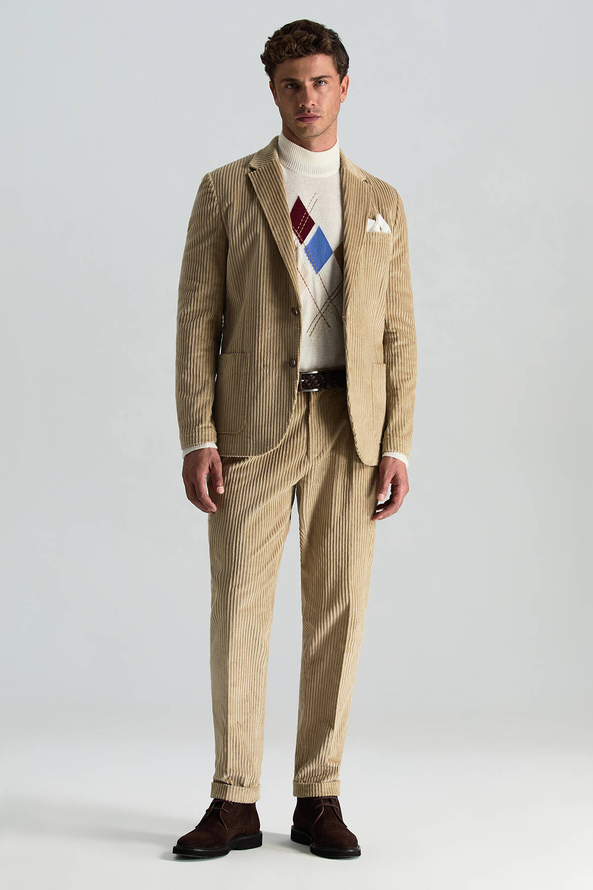 Pamuk Karışımlı Çizgi Desen Camel Kadife Blazer Ceket