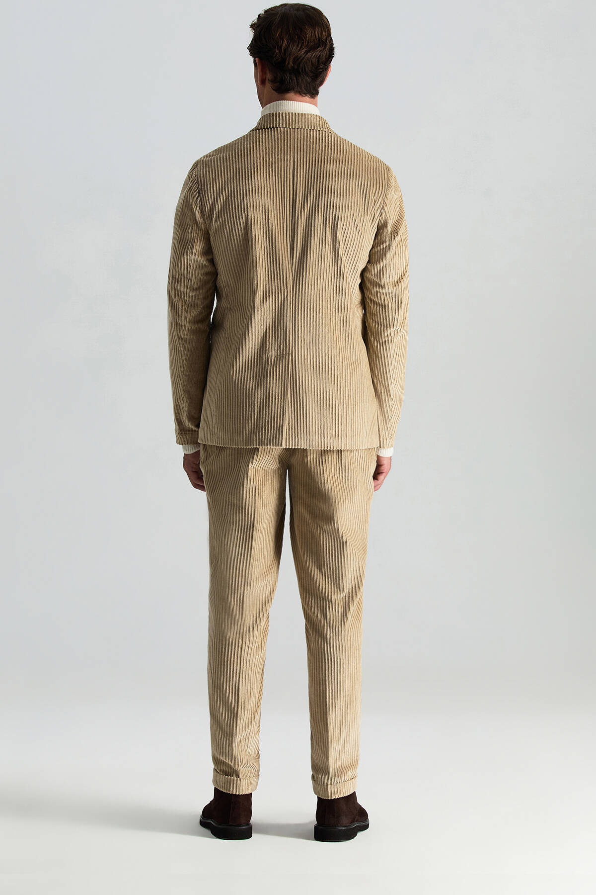 Pamuk Karışımlı Çizgi Desen Camel Kadife Blazer Ceket
