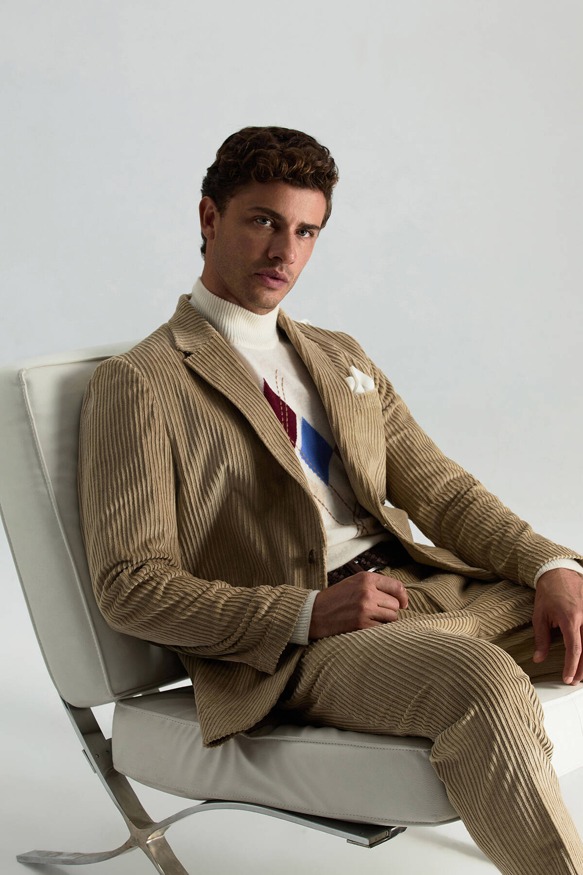 Pamuk Karışımlı Çizgi Desen Camel Kadife Blazer Ceket