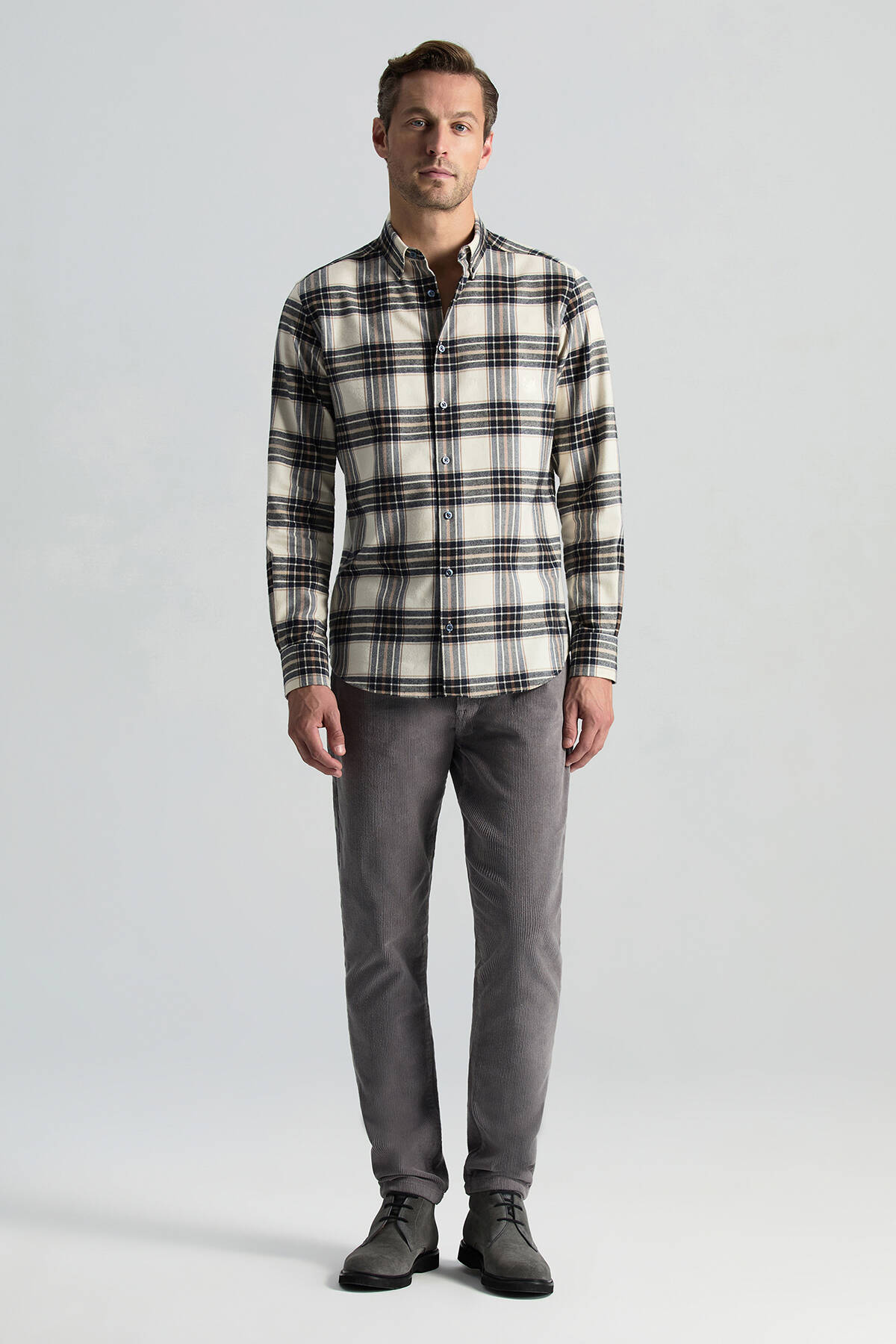 Pamuk Kaşmir Karışım Ekose Desen Beyaz-Lacivert Gömlek