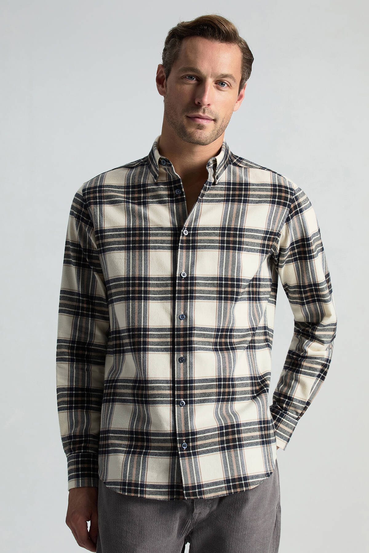 Pamuk Kaşmir Karışım Ekose Desen Beyaz-Lacivert Gömlek