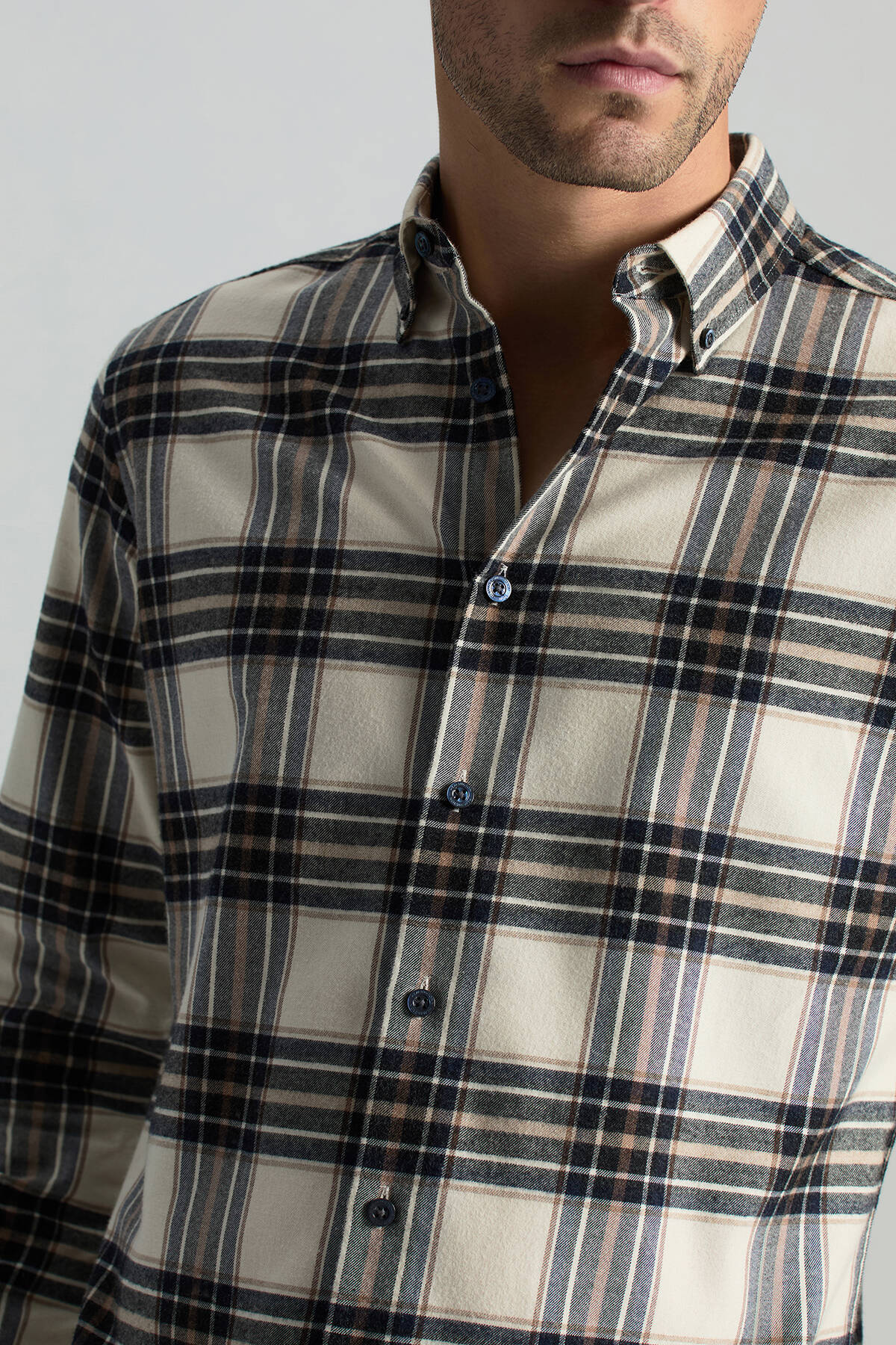 Pamuk Kaşmir Karışım Ekose Desen Beyaz-Lacivert Gömlek