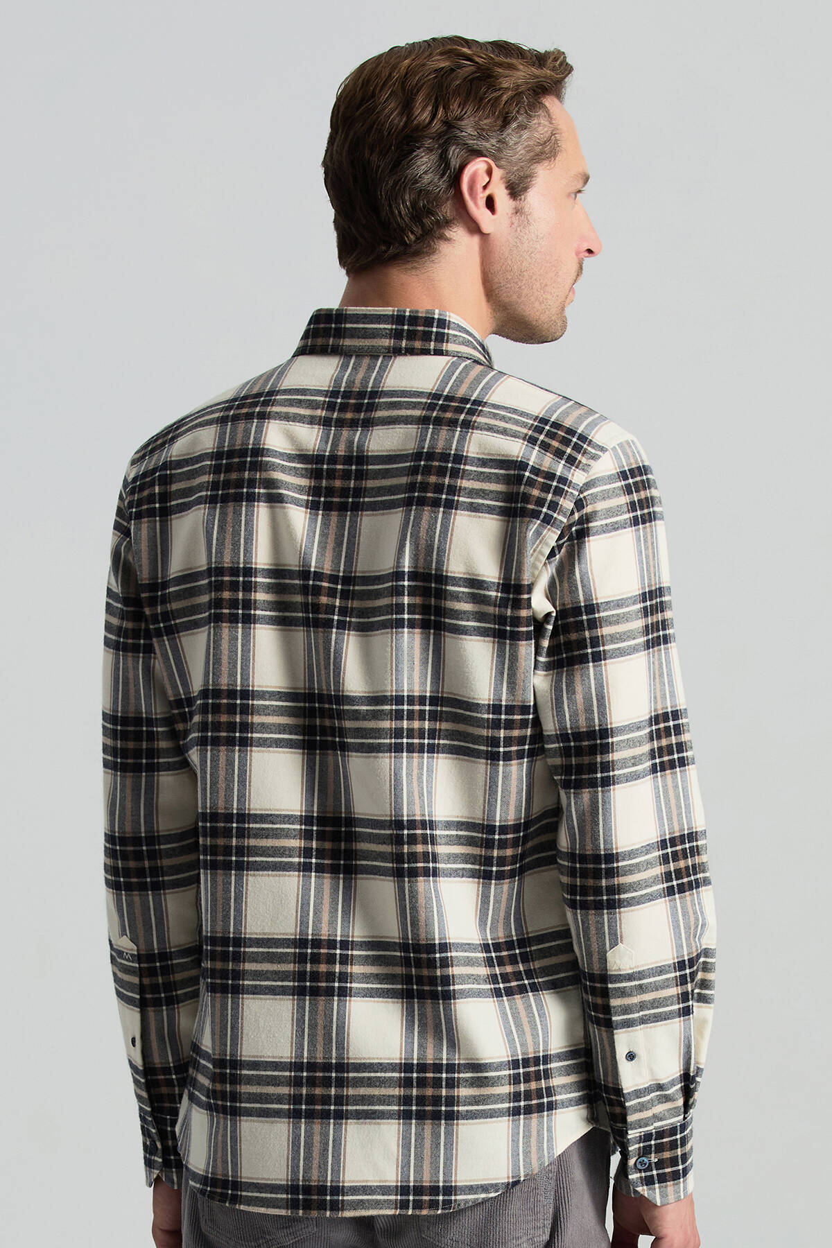 Pamuk Kaşmir Karışım Ekose Desen Beyaz-Lacivert Gömlek