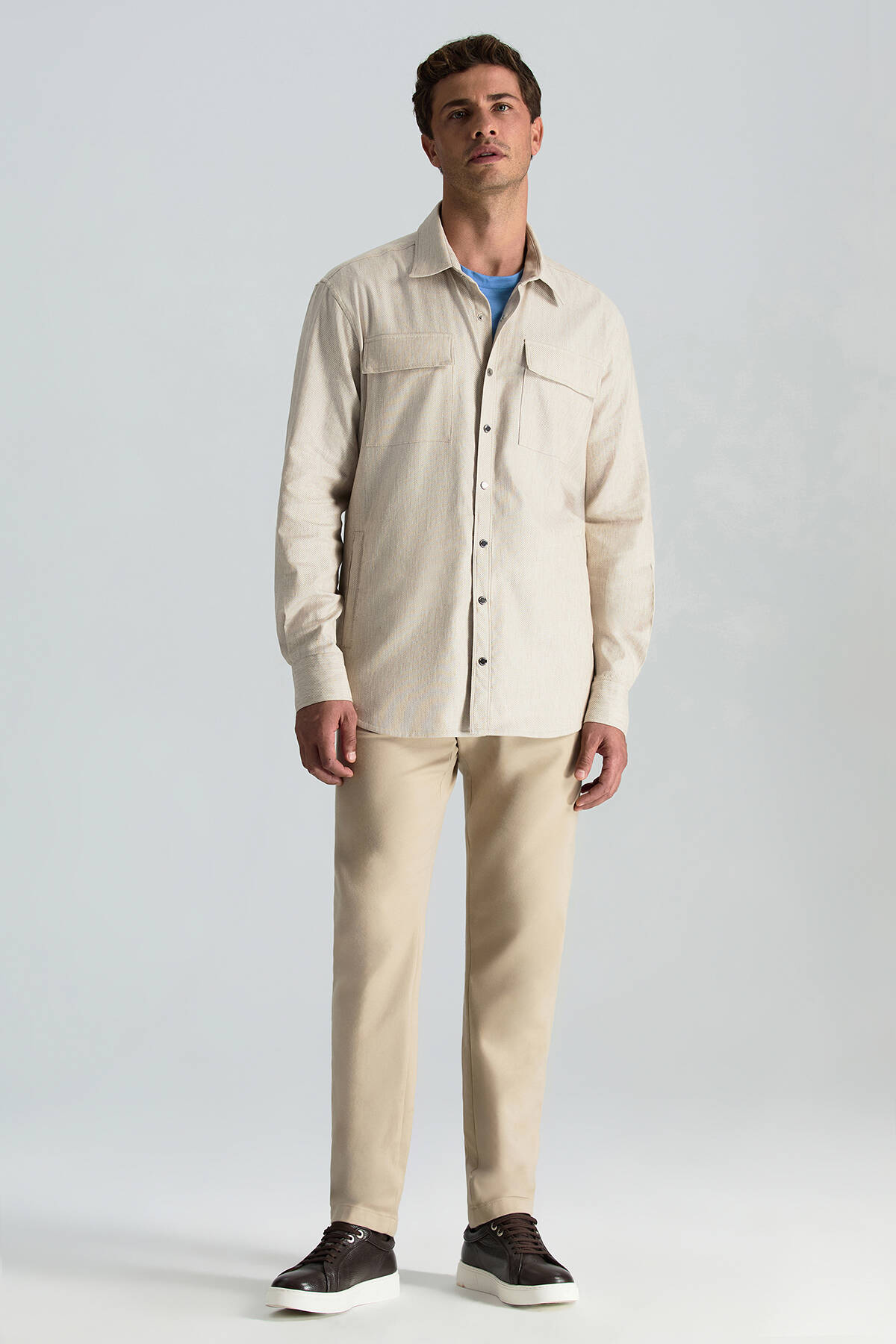 Pamuk Tencel Kumaş Metal Düğmeli Açık Bej Ceket Gömlek