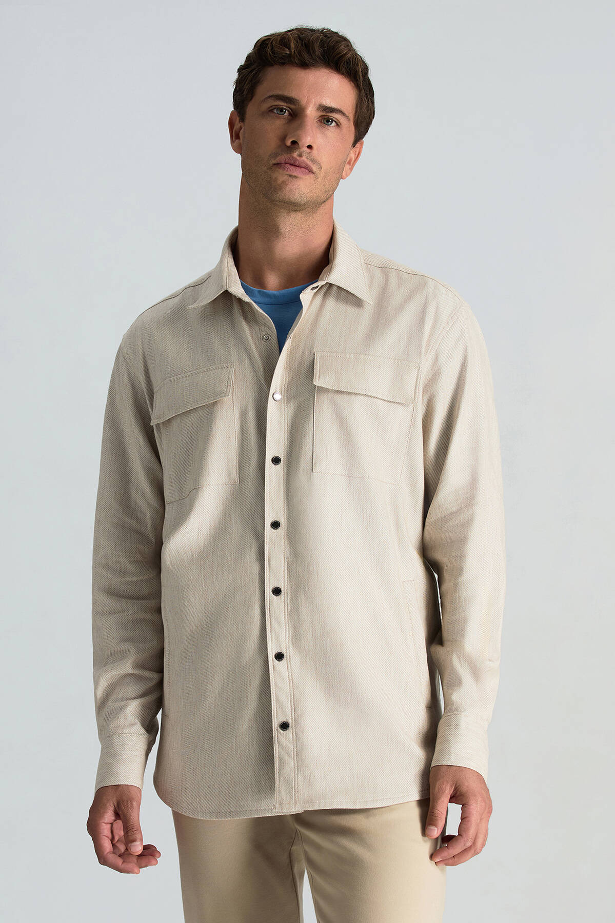 Pamuk Tencel Kumaş Metal Düğmeli Açık Bej Ceket Gömlek
