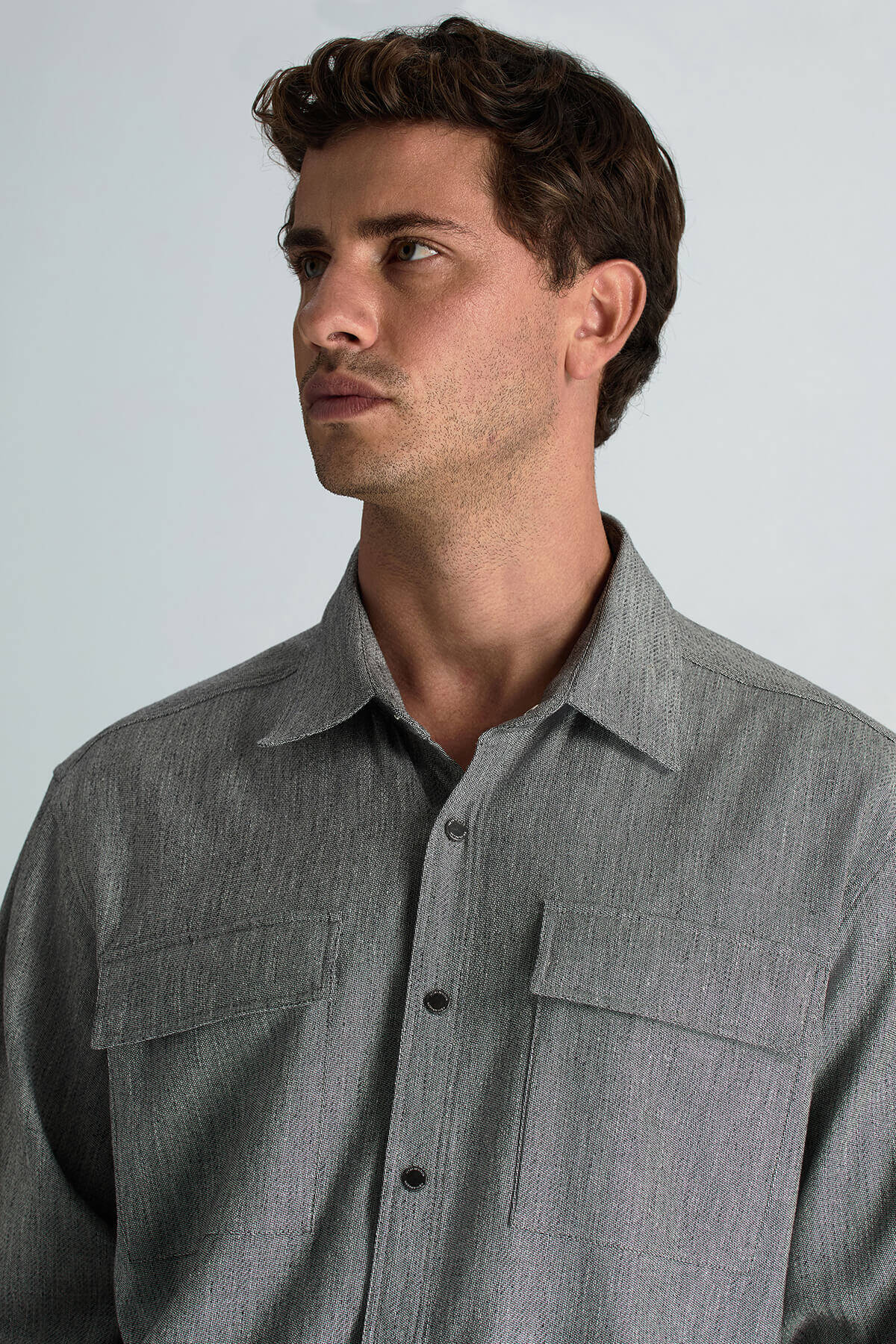 Pamuk Tencel Kumaş Metal Düğmeli Antrasit Ceket Gömlek