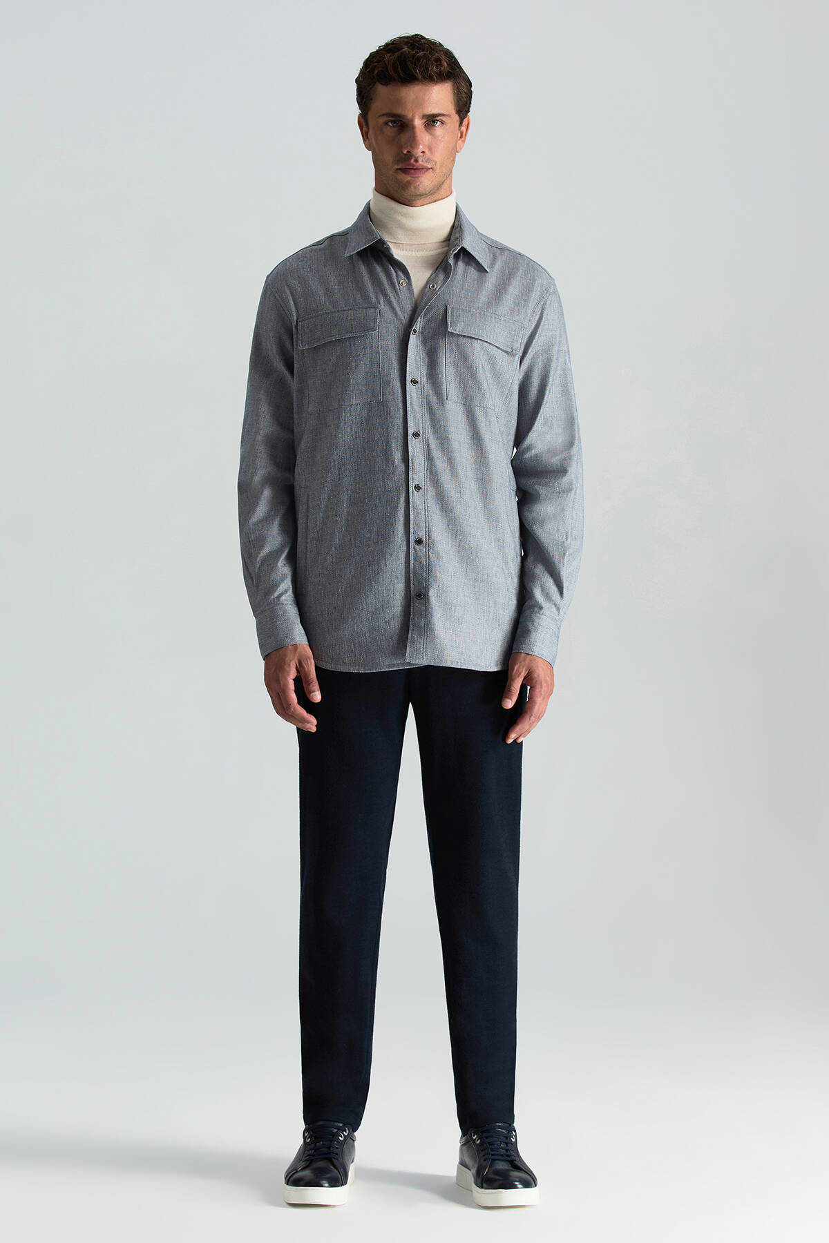 Pamuk Tencel Kumaş Metal Düğmeli Lacivert Ceket Gömlek