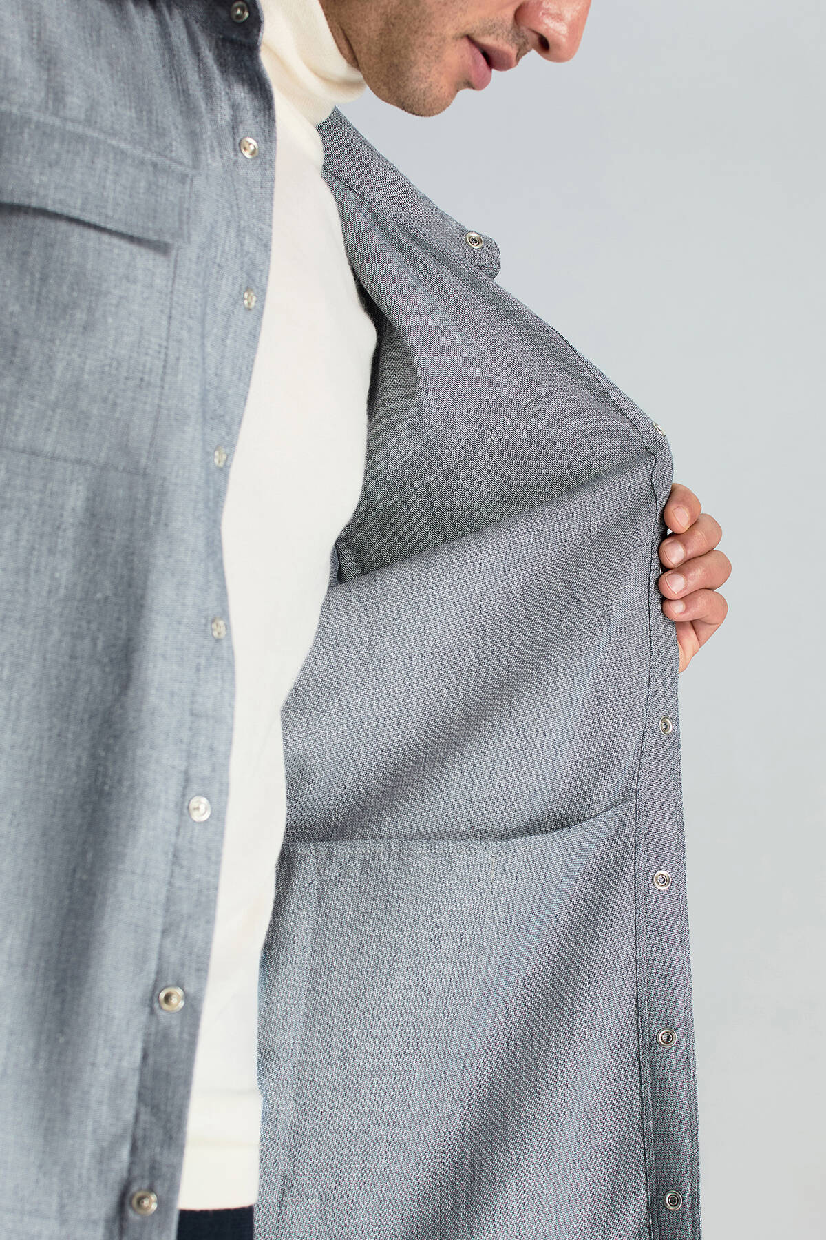 Pamuk Tencel Kumaş Metal Düğmeli Lacivert Ceket Gömlek