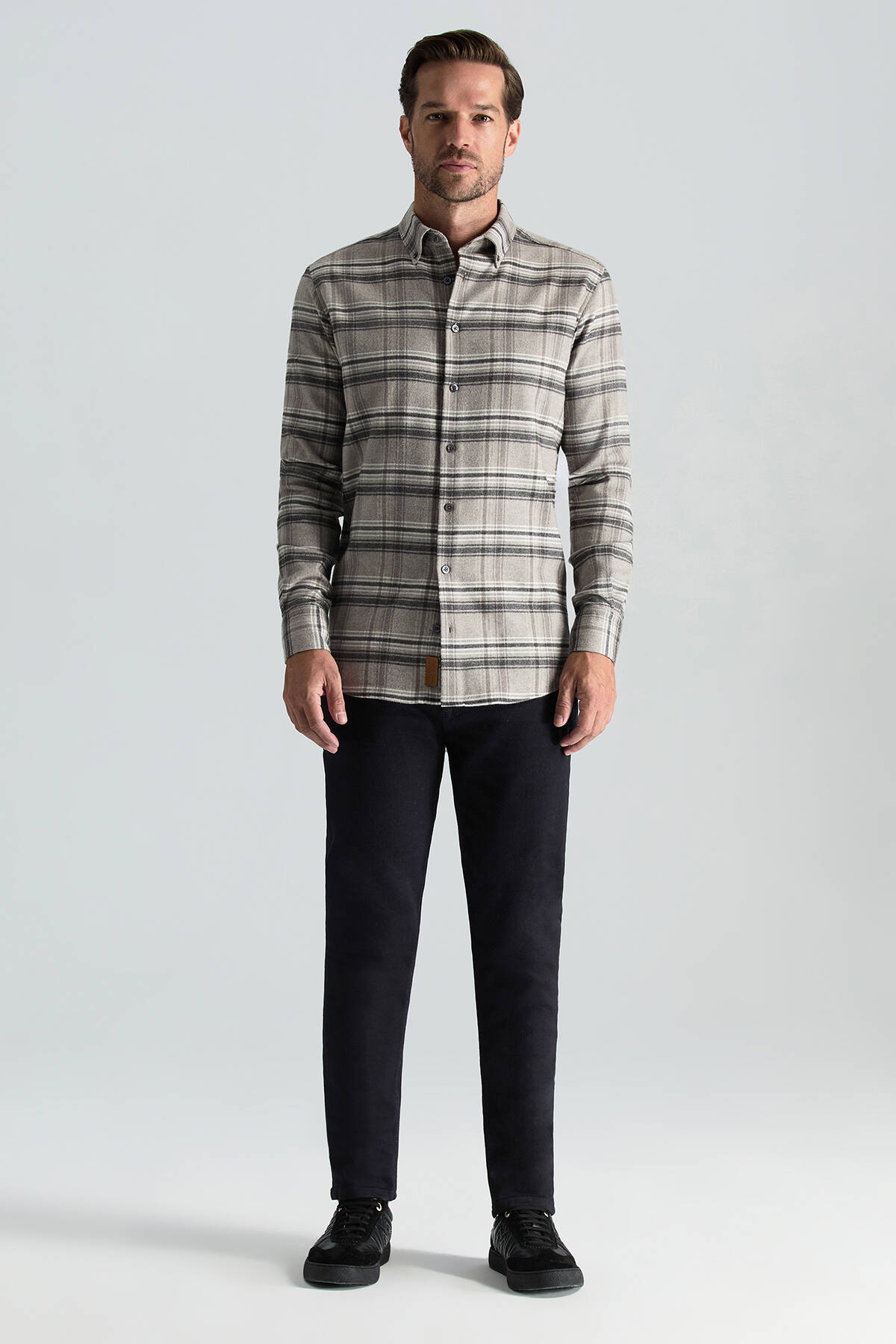 Pamuk Yün Karışım Ekose Desen Gri Gömlek