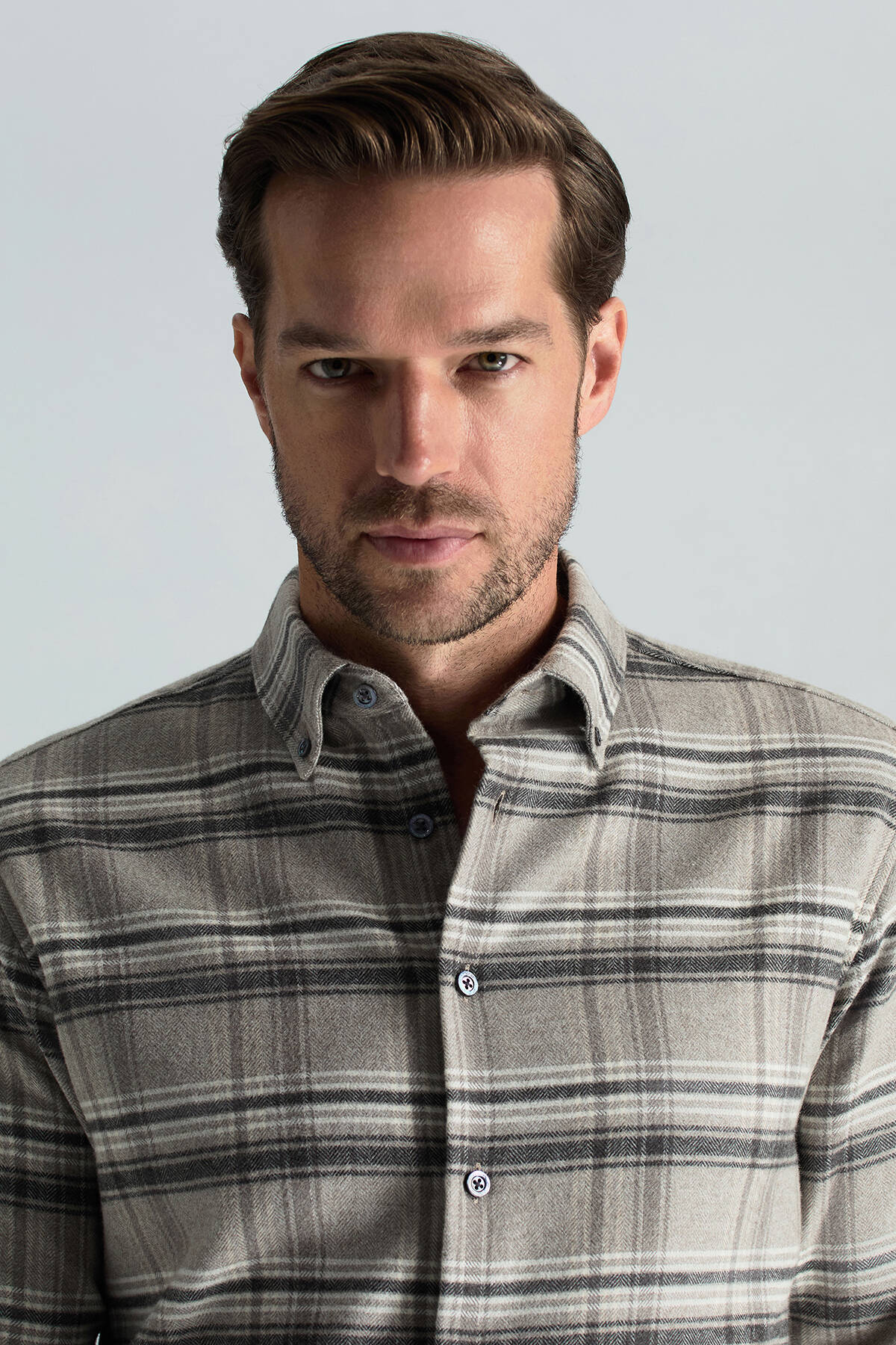 Pamuk Yün Karışım Ekose Desen Gri Gömlek