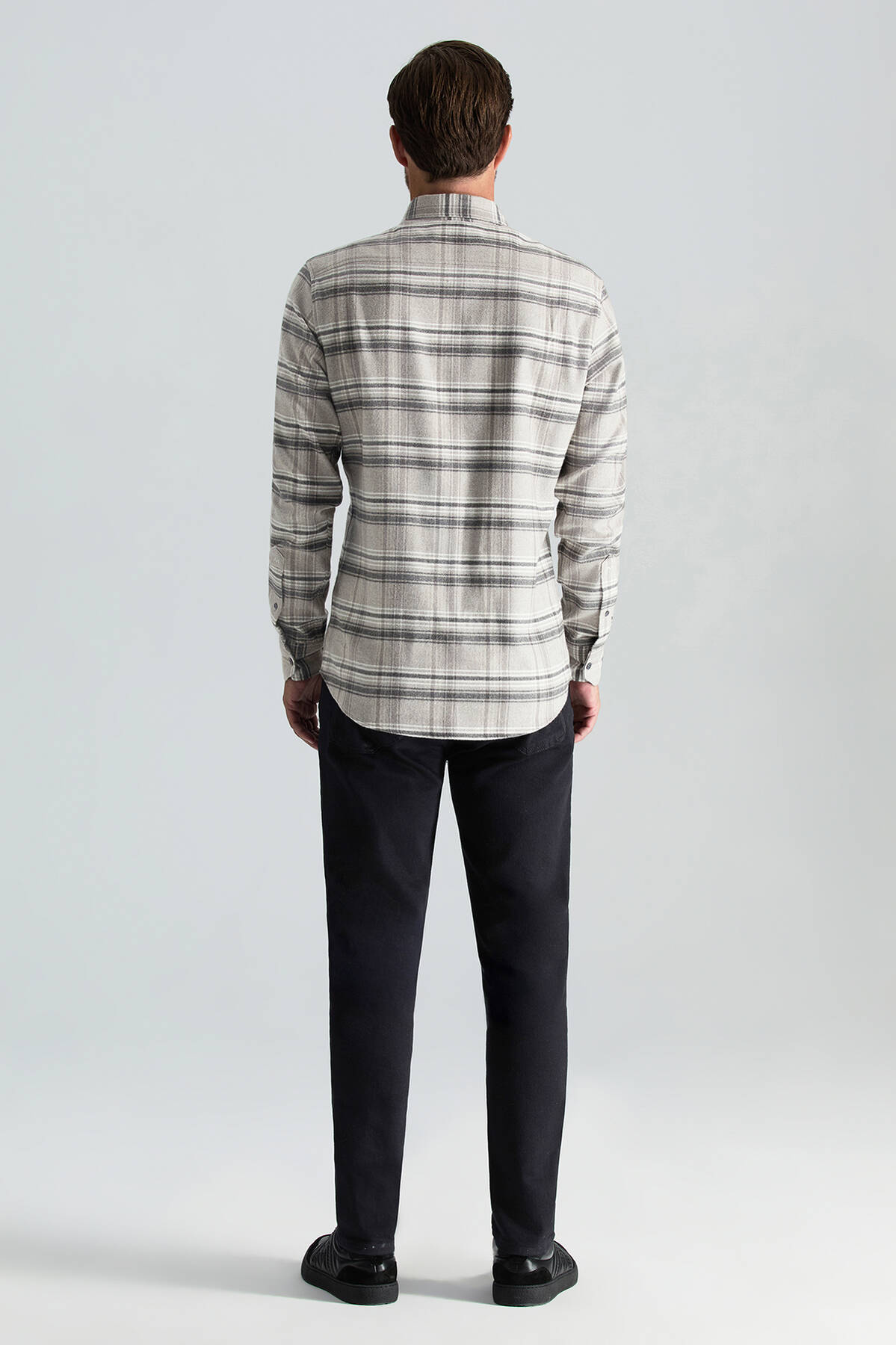 Pamuk Yün Karışım Ekose Desen Gri Gömlek