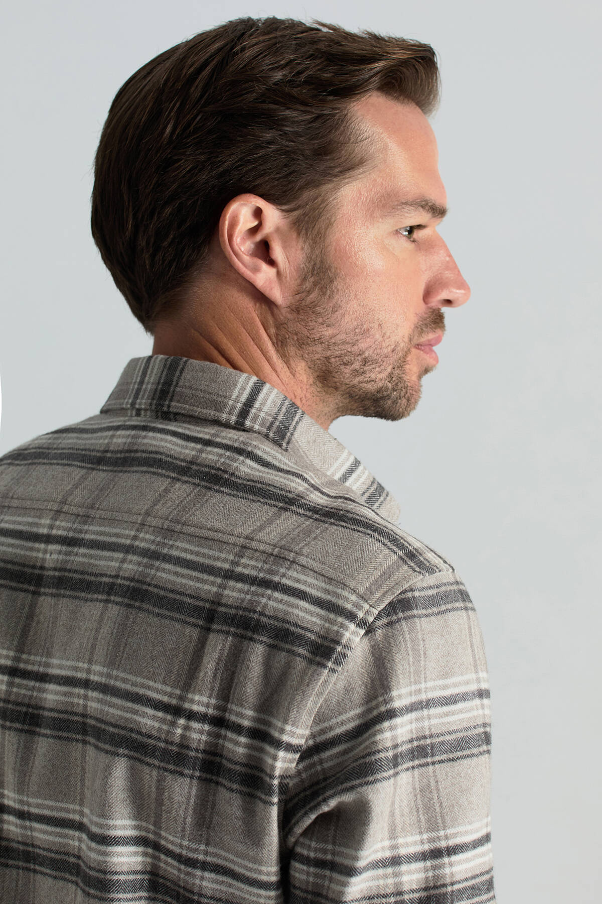 Pamuk Yün Karışım Ekose Desen Gri Gömlek