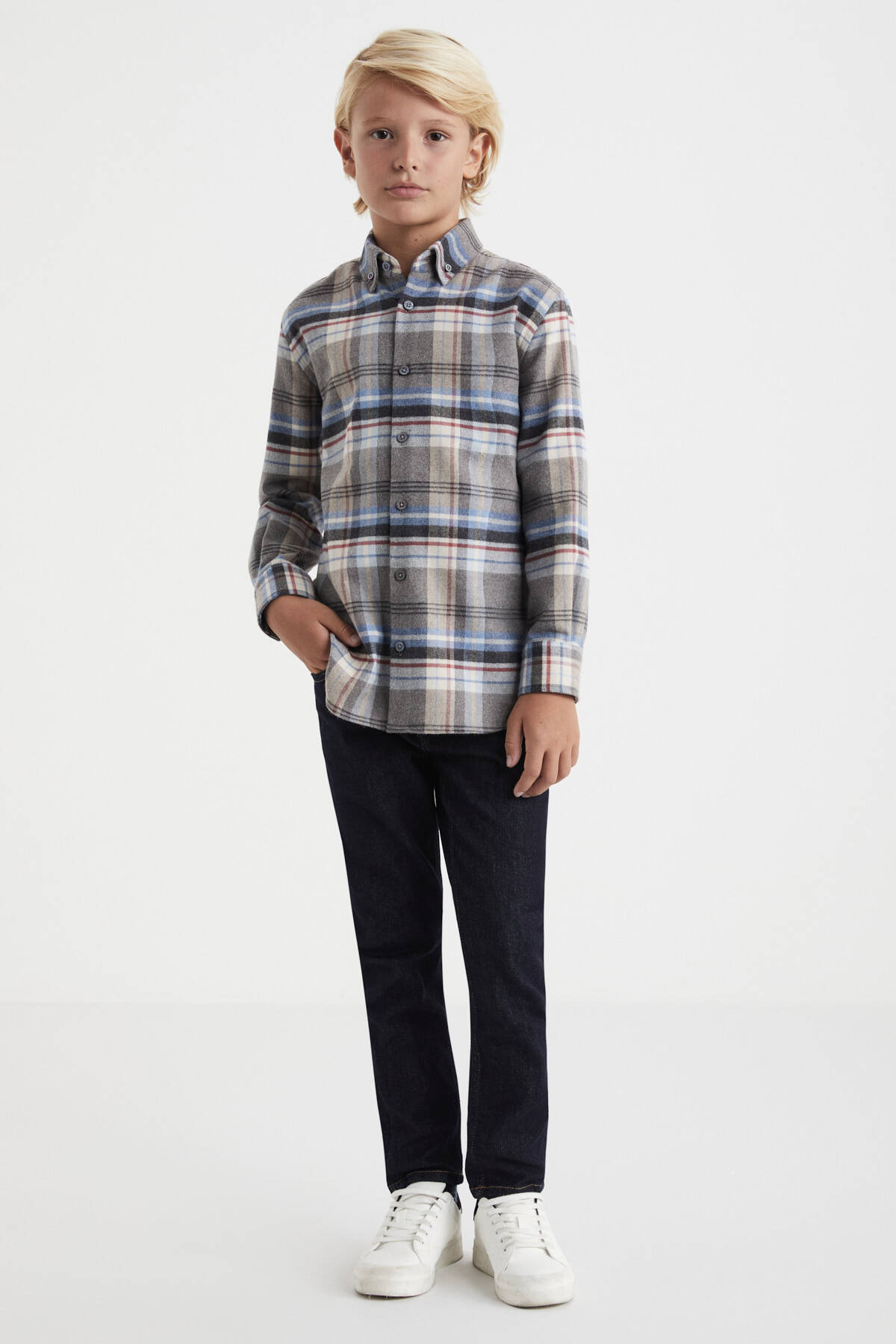 Pamuk Yün Karışım Desenli Mavi Çocuk Gömlek