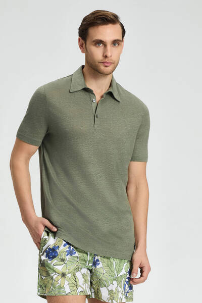 Saf Keten Haki Polo Yaka T-Shirt