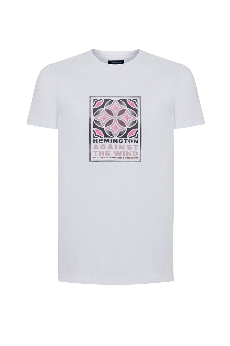 Hemington Pembe Baskılı Bisiklet Yaka Beyaz T-Shirt. 6