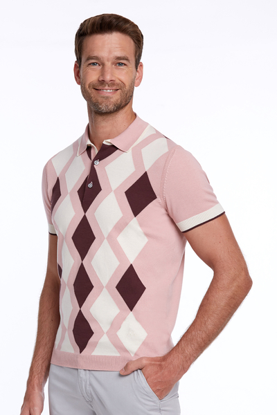 Pembe Beyaz Baklava Desen Triko Polo