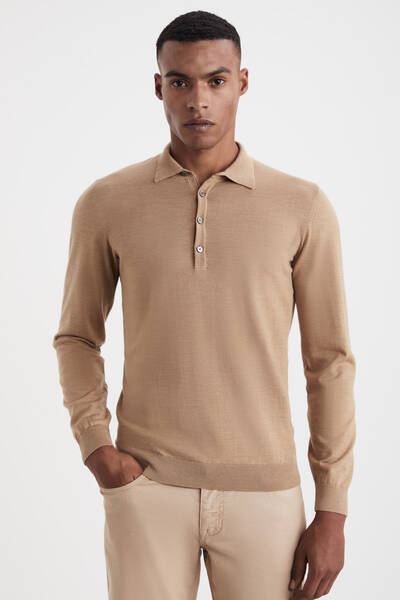Extrafine Merino Polo Yaka Camel Triko