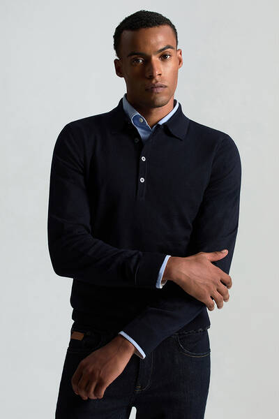 Polo Yaka Lacivert Merino Yün Triko - Hemington