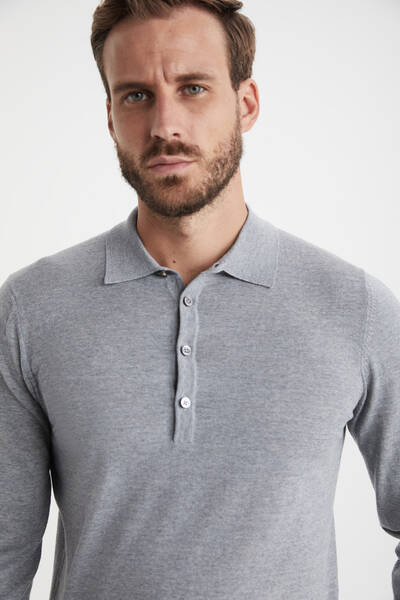 Extrafine Merino Polo Yaka Açık Gri Triko