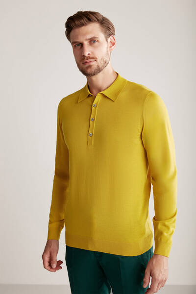 Extrafine Merino Polo Yaka Altın Sarısı Triko