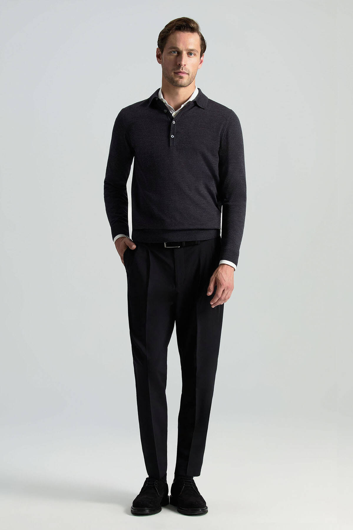 Extrafine Merino Polo Yaka Antrasit Triko