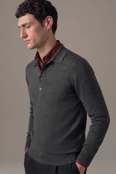 Extrafine Merino Polo Yaka Antrasit Triko