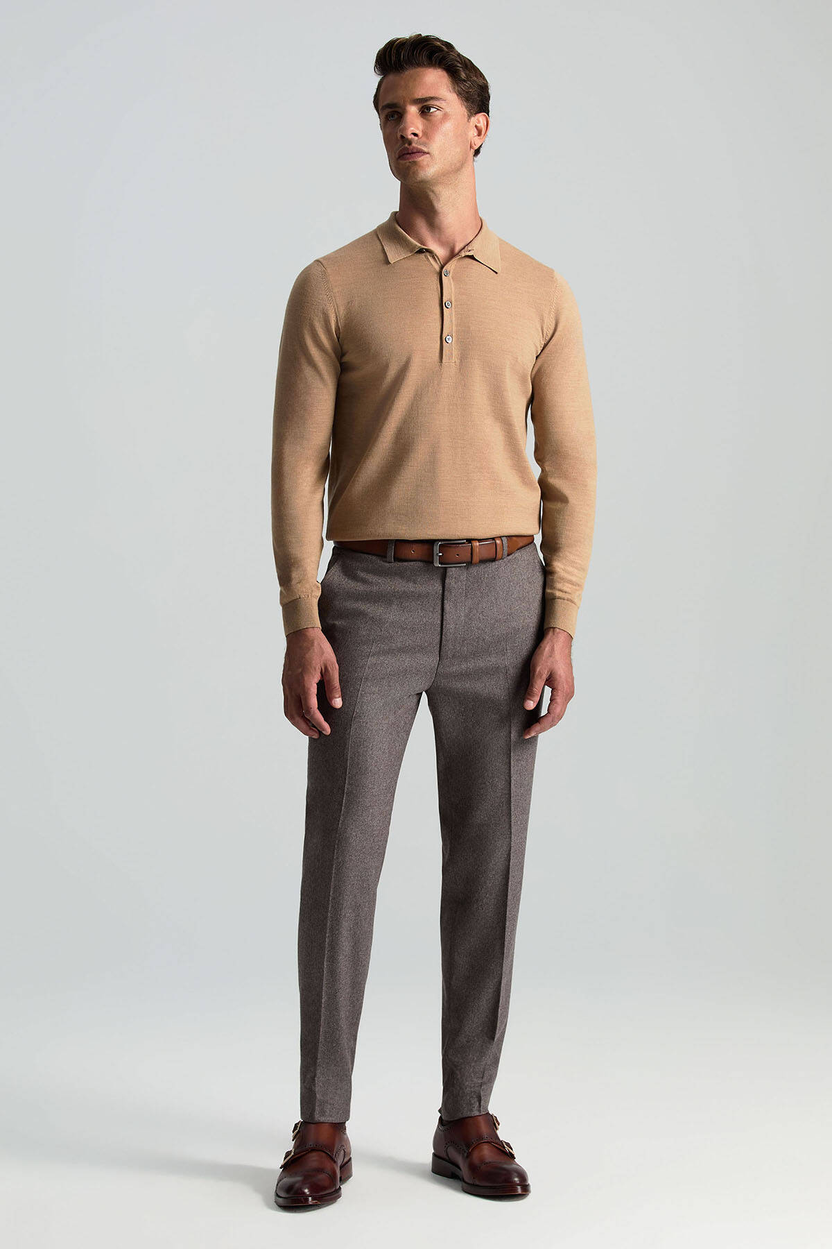 Polo Yaka Merino Yün Camel Triko