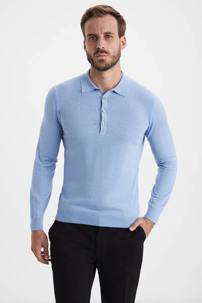 Extrafine Merino Polo Yaka Gök Mavisi Triko