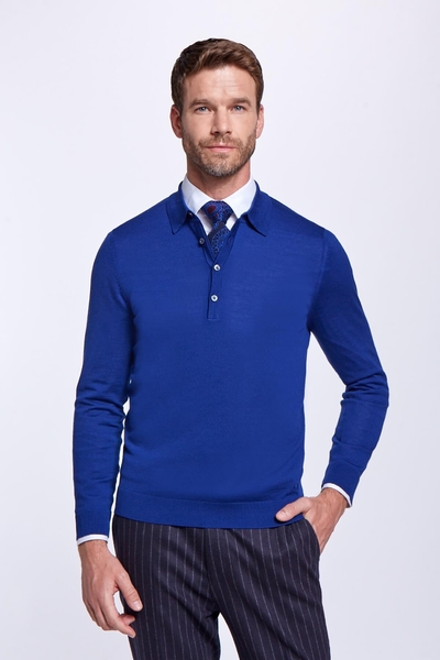 Polo Yaka Merino Yün Koyu Mavi Triko