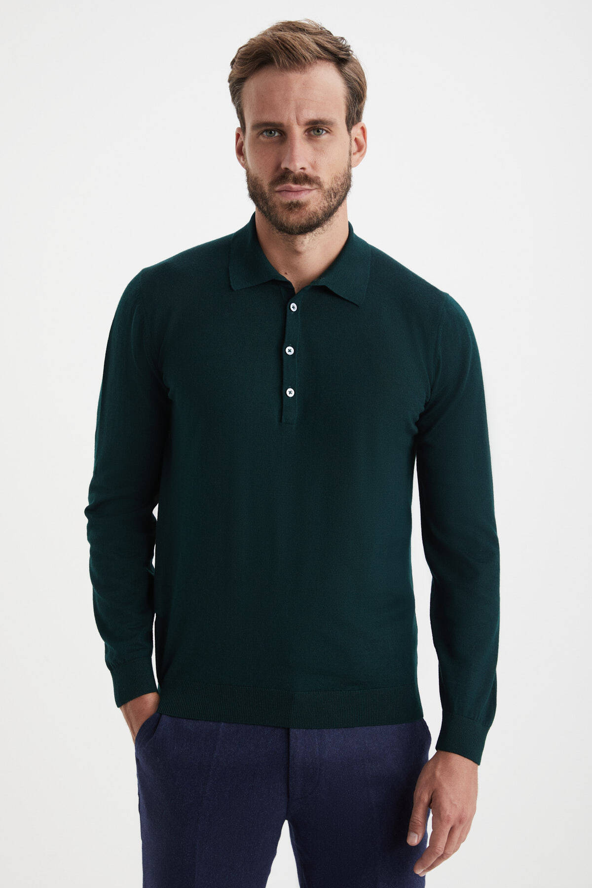Extrafine Merino Polo Yaka Koyu Yeşil Triko