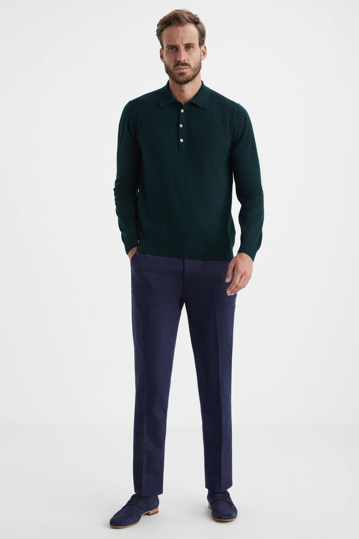 Extrafine Merino Polo Yaka Koyu Yeşil Triko