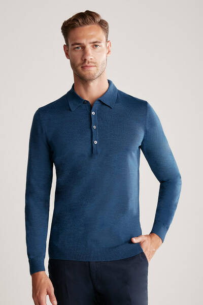 Extrafine Merino Polo Yaka Mavi Triko
