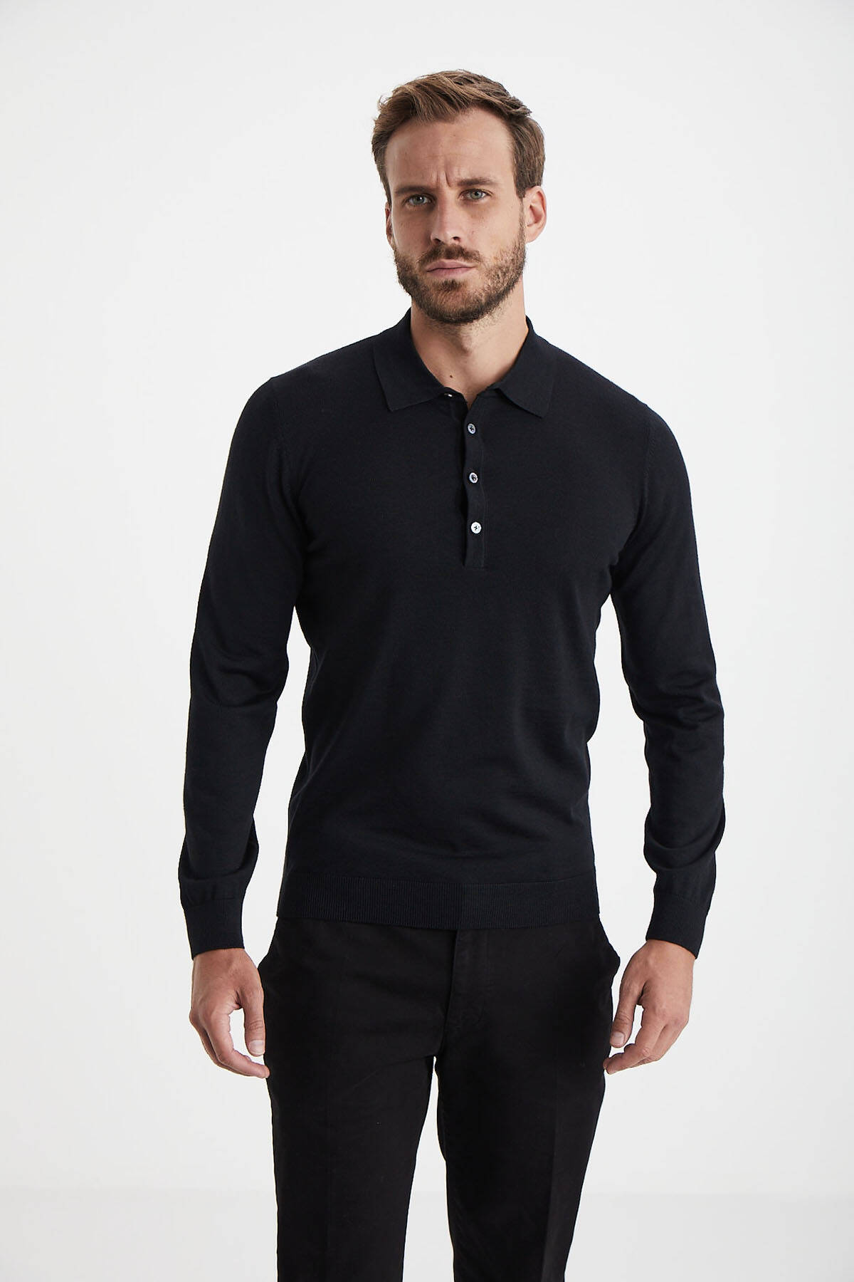 Extrafine Merino Polo Yaka Siyah Triko